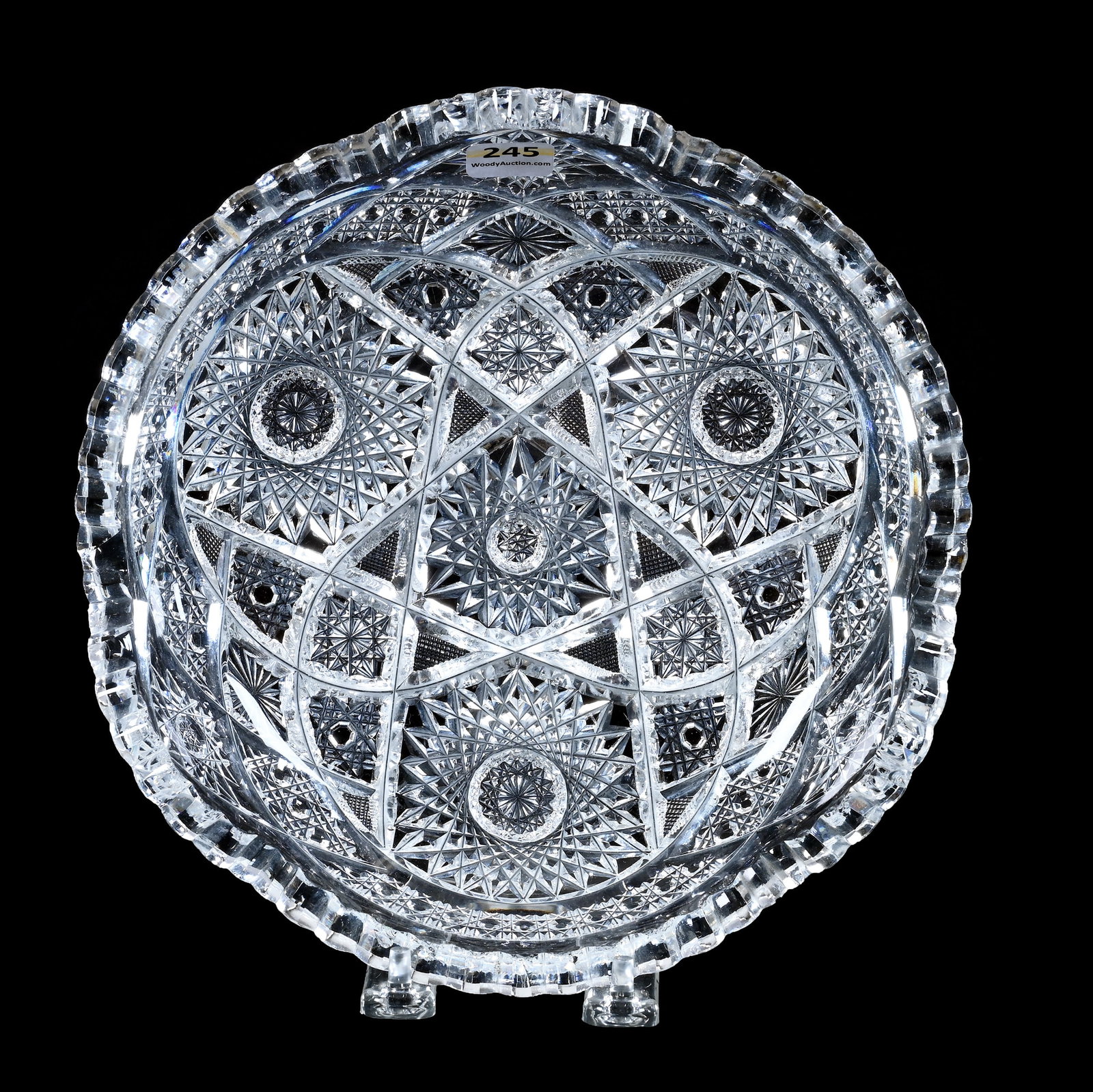 Low Bowl, American Brilliant Cut Glass, Three Interlocked Circular Sections Of Hobstar, Cane,: Low Bowl, American Brilliant Cut Glass, Three Interlocked Circular Sections Of Hobstar, Cane, Crosshatch And Star, 2" x 9", Tooth Chips And Roughness, Georgia Private Collection.