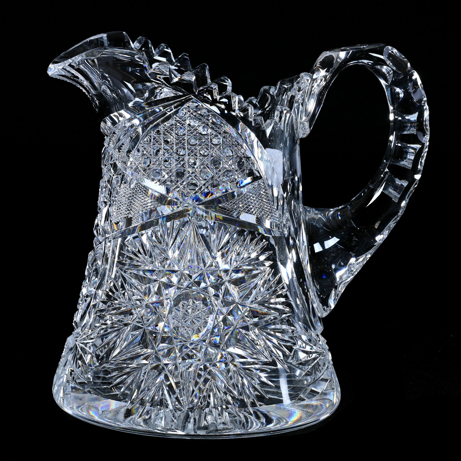 Pitcher, American Brilliant Cut Glass, Flashed Hobstar, Cane, Crosshatch, Hobstar And Fan Motif: Pitcher, American Brilliant Cut Glass, Flashed Hobstar, Cane, Crosshatch, Hobstar And Fan Motif, 7" x 7.25", Double Notched Handle, Ray Cut Base, Clear Blank, Georgia Private Collection.