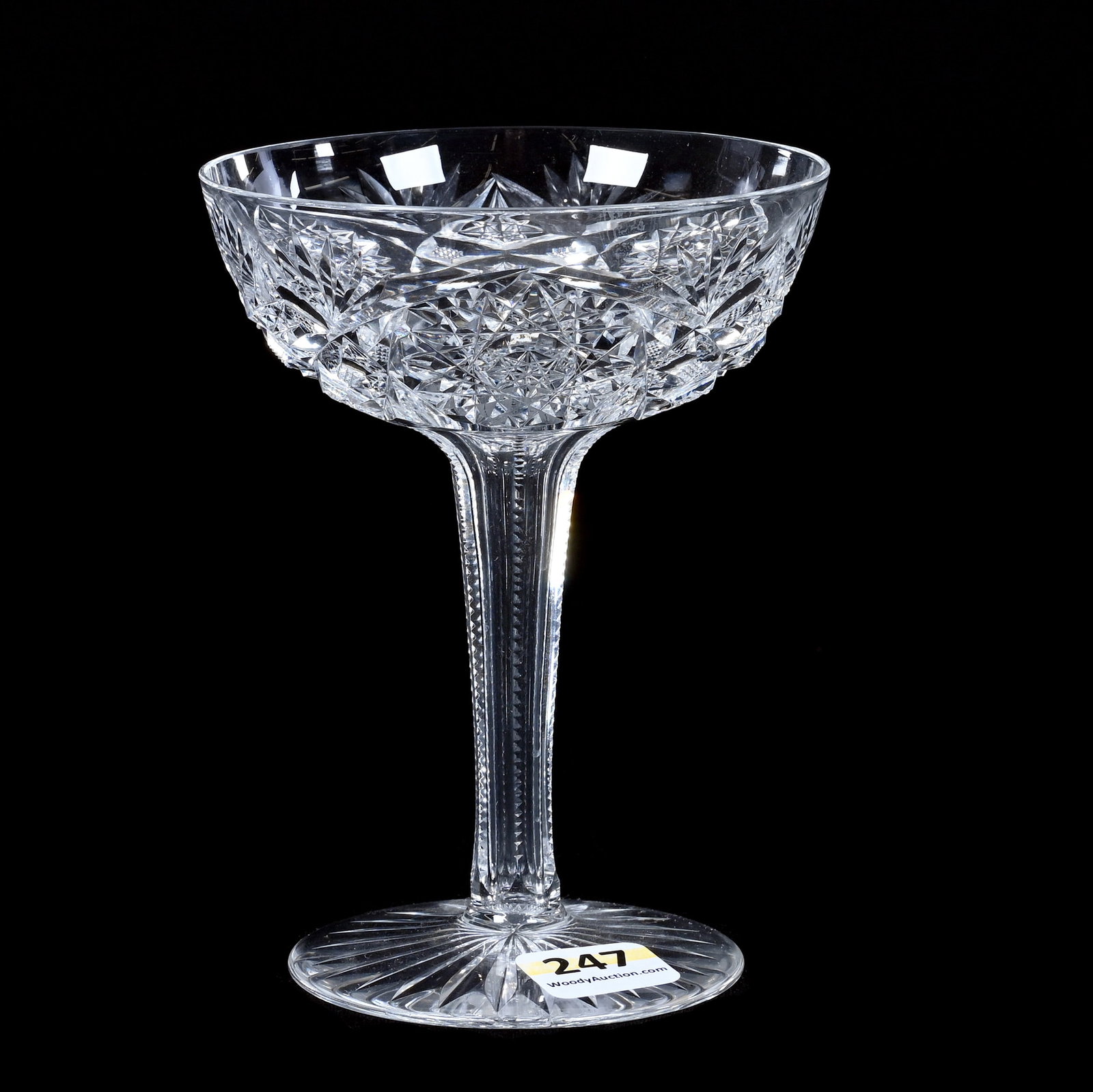 Champagne, Hollow Stem, American Brilliant Cut Glass, Hobstar, Crosshatch & Fan Motif: Champagne, Hollow Stem, American Brilliant Cut Glass, Hobstar, Crosshatch And Fan Motif, 5" x 3.75", Ray Cut Foot, Georgia Private Collection.