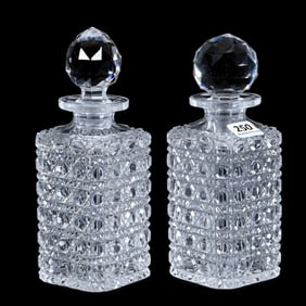 Pair Square Cologne Bottles, American Brilliant Cut Glass, Full Cane Cut Pattern