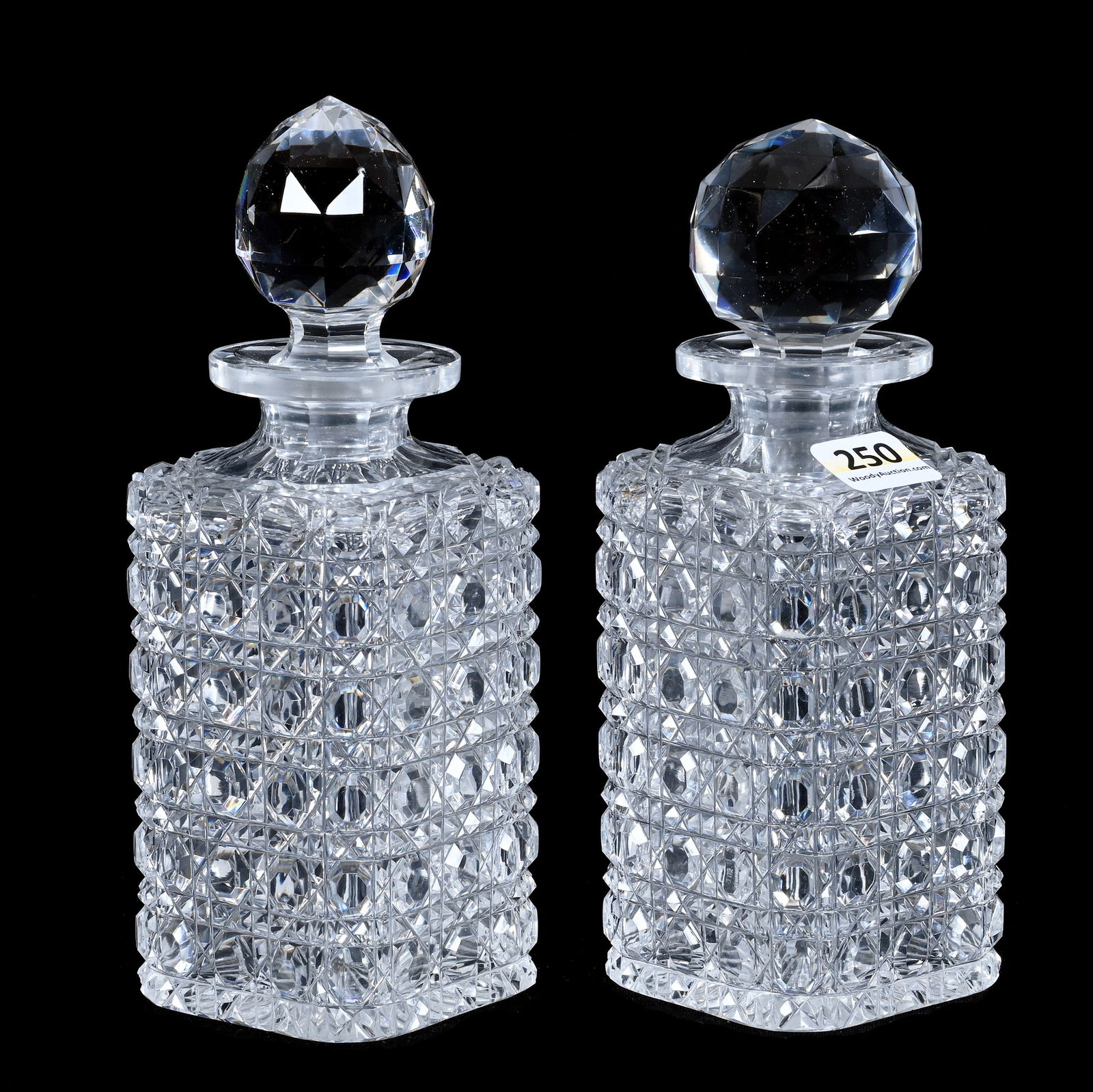 Pair Square Cologne Bottles, American Brilliant Cut Glass, Full Cane Cut Pattern (1 of 3)