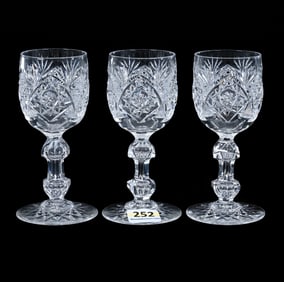 (3) Wine Stems, American Brilliant Cut Glass, Hobstar, Kite, Cane, Crosshatch & Fan Motif