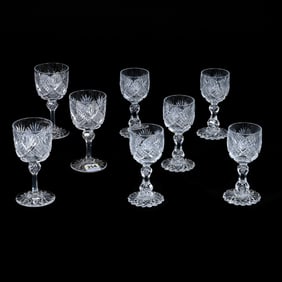 (8) Wine Stems, American Brilliant Cut Glass, Crosscut Diamond, Crosshatch And Fan Motif