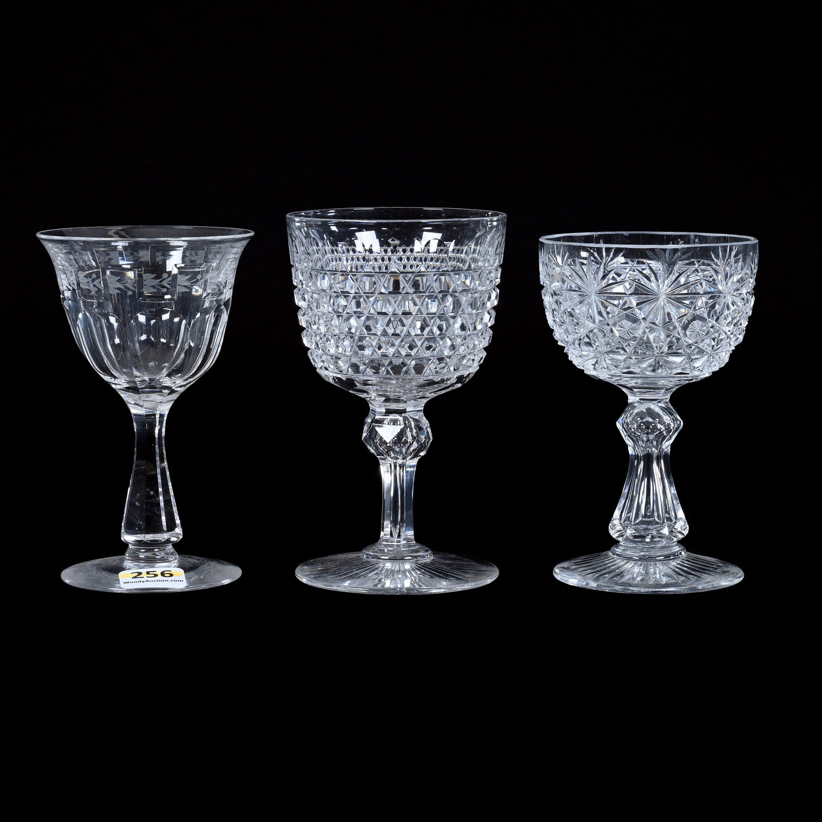 (3) Wine Stems, American Brilliant Cut Glass: (3) Wine Stems, American Brilliant Cut Glass, (1) 5" Hob Diamond By Dorflinger, (1) 4.75" Signed Sinclaire Greek Key And Laurel Wreath Pattern, (1) 4.5" Russian Pattern, Rim Trim, Georgia Private Coll