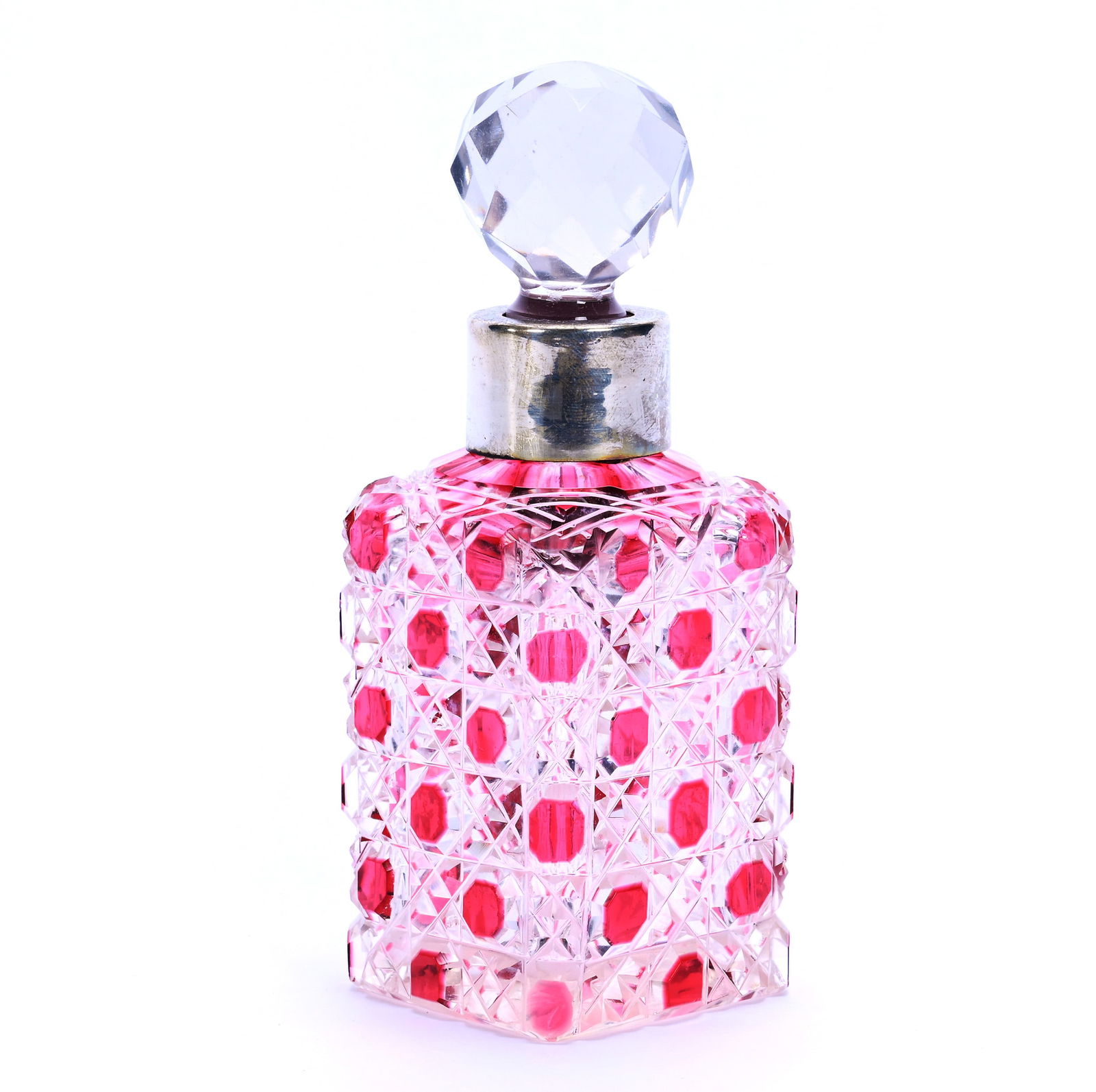 Cologne Bottle, Square, Brilliant Period Cut Glass, Cranberry Cut To Clear: Cologne Bottle, Square, Brilliant Period Cut Glass, Cranberry Cut To Clear, 5.75" x 2.25", Cane Pattern With Silver Collar, Georgia Private Collection.