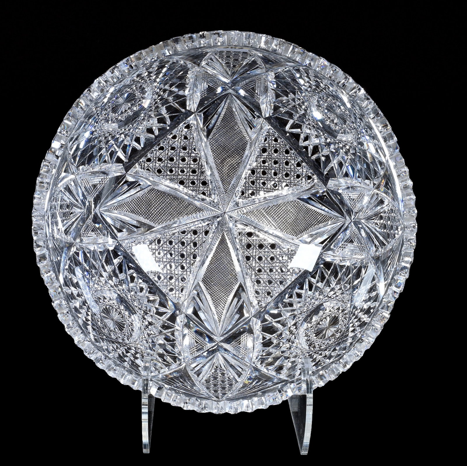 Bowl, American Brilliant Cut Glass, Four Alternating Sections Of Hobstar, Vesica, Cane, Crosshatch &: Bowl, American Brilliant Cut Glass, Four Alternating Sections Of Hobstar, Vesica, Cane, Crosshatch And Fan, 4.75" x 10.5", Sherri Schott Collection, Kansas.