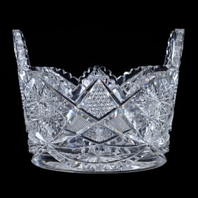 Ice Tub, Tab Handles, American Brilliant Cut Glass, Hobstar, Nailhead Diamond, Crosshatch & Star