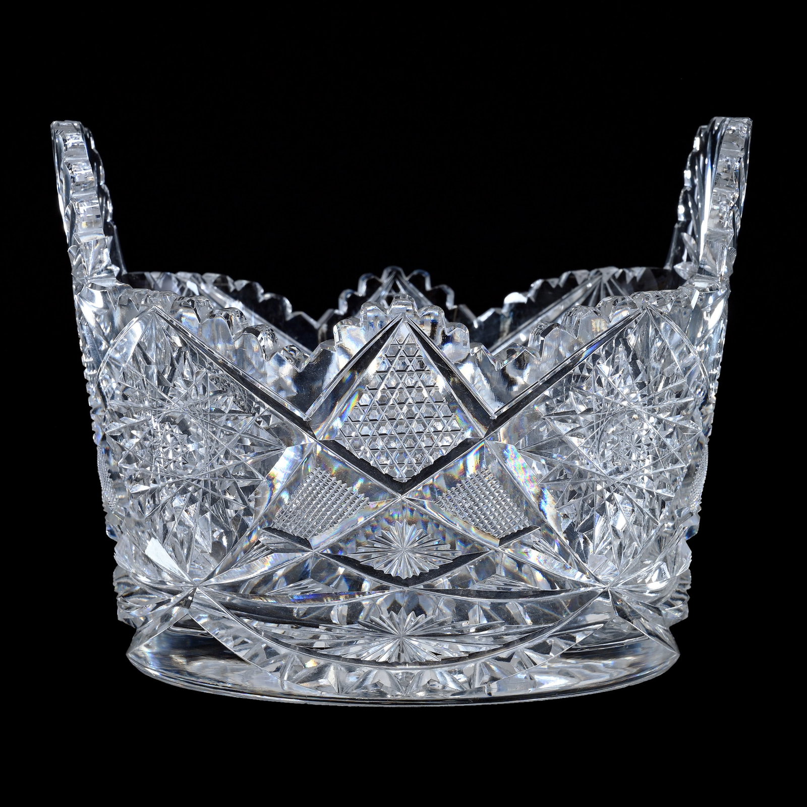 Ice Tub, Tab Handles, American Brilliant Cut Glass, Hobstar, Nailhead Diamond, Crosshatch & Star: Ice Tub, Tab Handles, American Brilliant Cut Glass, Hobstar, Nailhead Diamond, Crosshatch And Star Motif, 5.75" x 7.25", Fan Cut Handles, Sherri Schott Collection, Kansas.