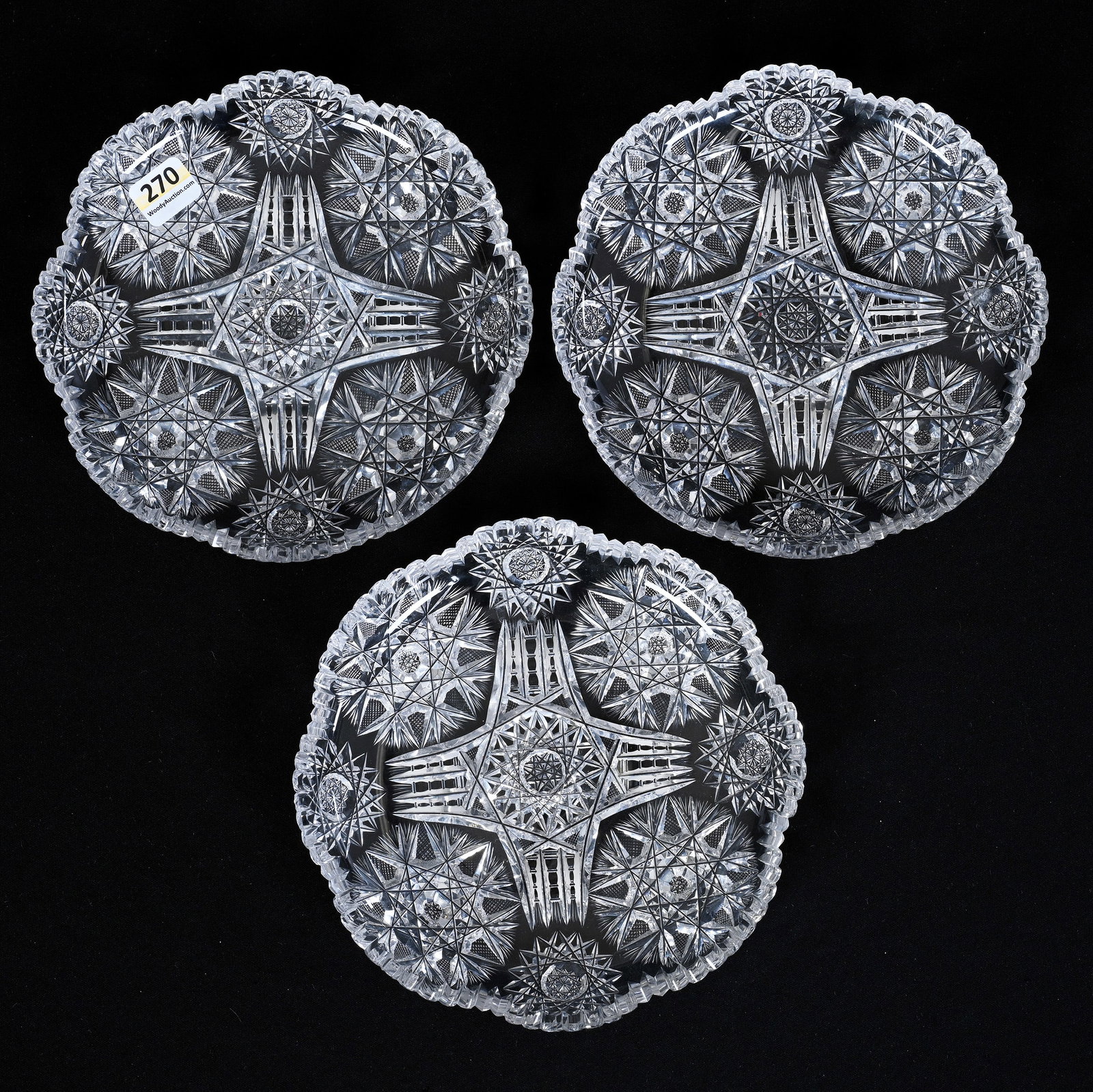 (3) Plates, American Brilliant Cut Glass, Signed Pitkin & Brooks: (3) Plates, American Brilliant Cut Glass, Signed Pitkin And Brooks, 7", Four Alternating Sections Of Hobstar, Flashed Hobstar And Prism Motif, Sherri Schott Collection, Kansas.