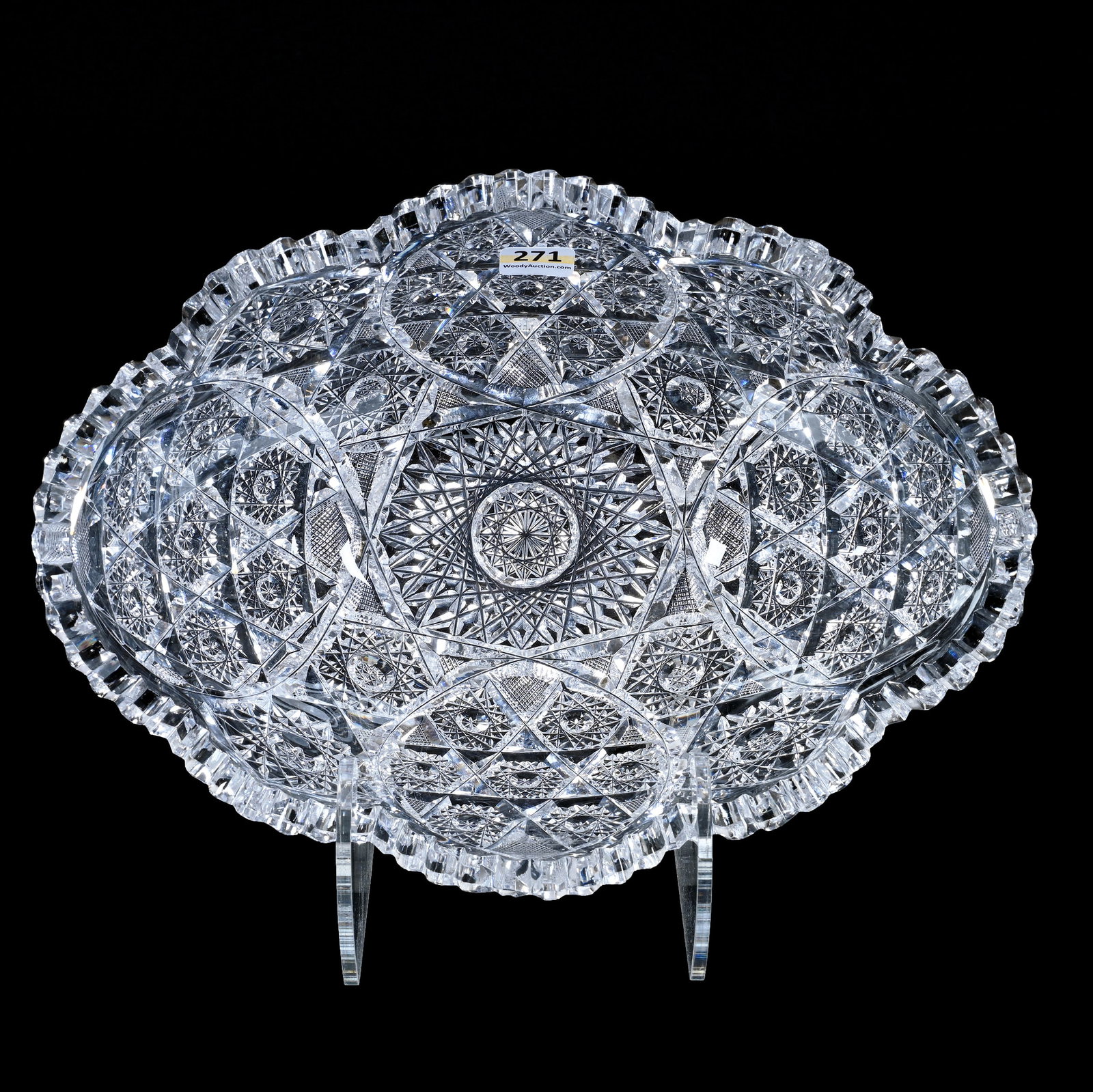 Banana Bowl, American Brilliant Cut Glass, Hobstar Cluster With Hobstar And Crosshatch Highlights: Banana Bowl, American Brilliant Cut Glass, Hobstar Cluster With Hobstar And Crosshatch Highlights, 4.5" x 11.25" x 8.25", Small Outside Rim Nick, Sherri Schott Collection, Kansas.