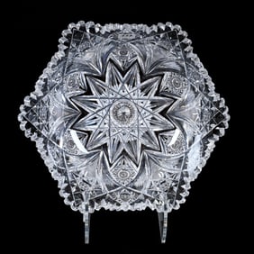 Bowl, Six-Sided, American Brilliant Cut Glass, Signed Hawkes Holland Pattern