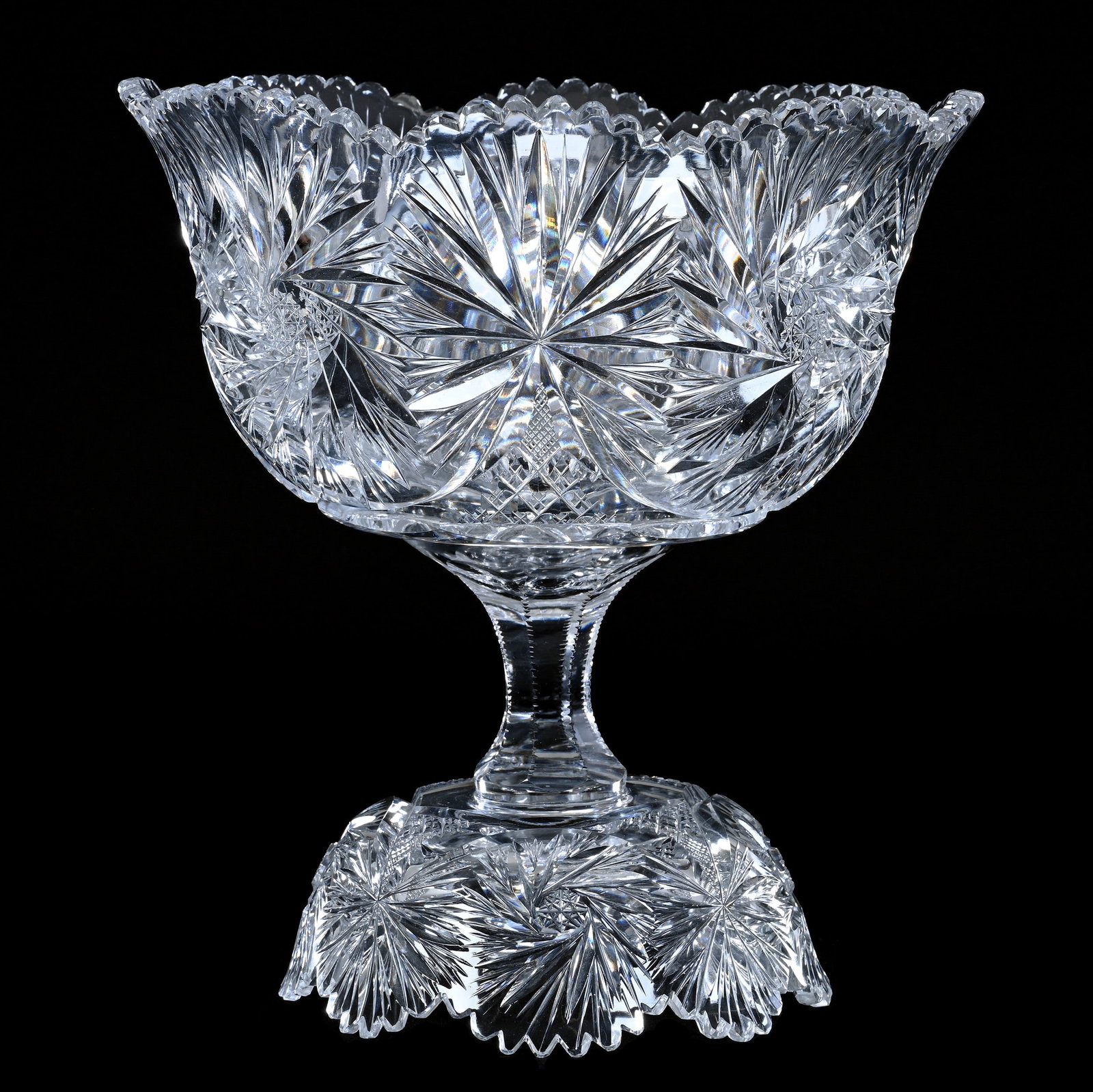 Punch Bowl, Two Part, Cut Glass, Pinwheel, Crosshatch And Fan Motif: Punch Bowl, Two Part, Cut Glass, Pinwheel, Crosshatch And Fan Motif, 11" x 10.5", Reversible Compote/Base, Tooth Repair On Base, Unknown Age, Sherri Schott Collection, Kansas.