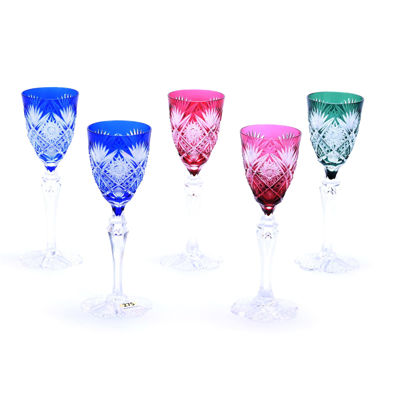 (5) Wine Stems, Brilliant Period Cut Glass, Color Cut To Clear: (5) Wine Stems, Brilliant Period Cut Glass, Color Cut To Clear, 8.5" x 2.75", Belgeca Pattern By Val St. Lambert, Circa 1905, (2) Cobalt Blue, (2) Cranberry, (1) Green, All With Scalloped Pattern Cut 