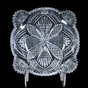 Square Bowl, American Brilliant Cut Glass, Four Alternating Sections Of Vesica, Cane, Prism,