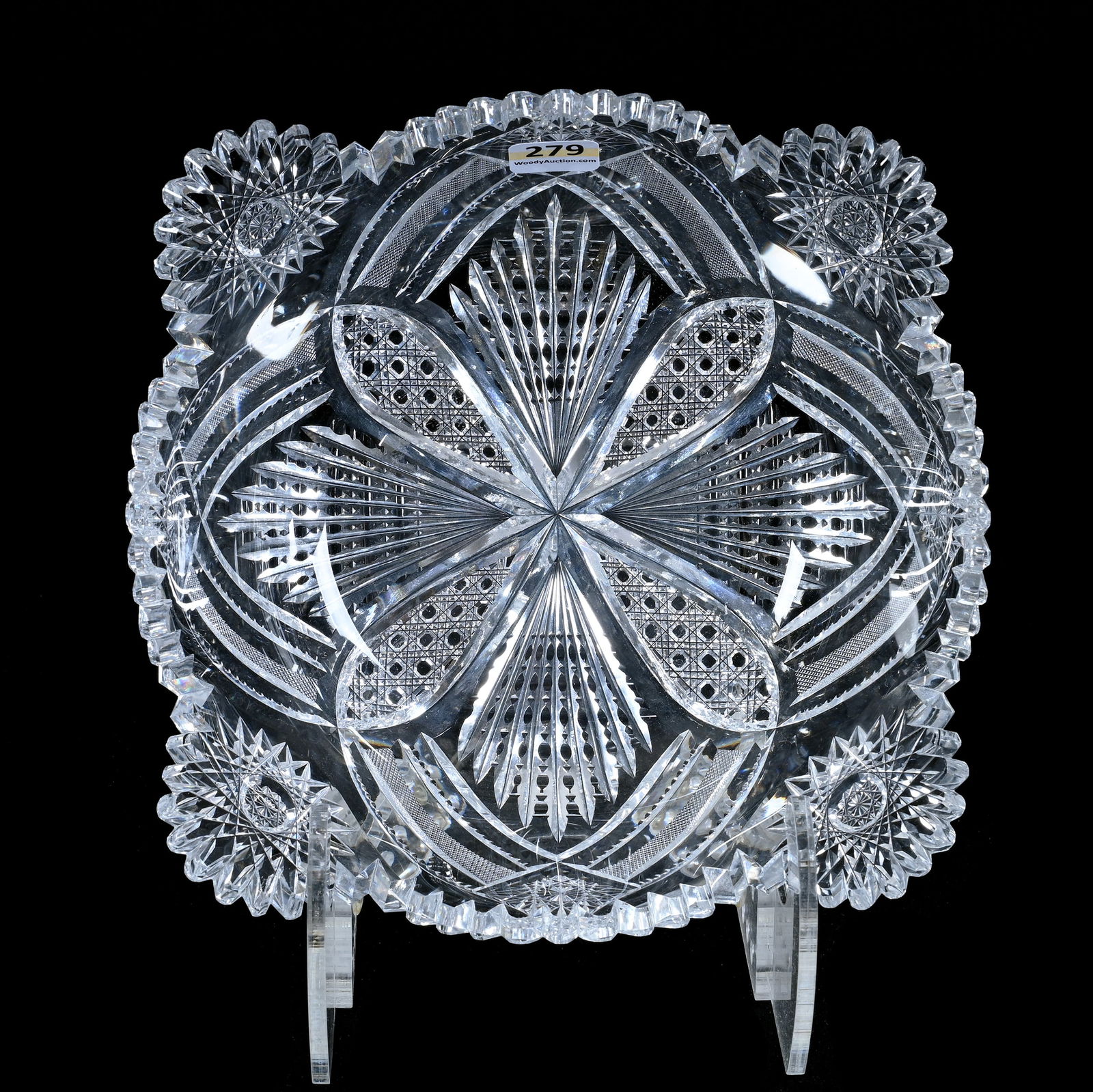 Square Bowl, American Brilliant Cut Glass, Four Alternating Sections Of Vesica, Cane, Prism, (1 of 3)