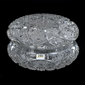 Round Covered Dresser Box, American Brilliant Cut Glass, Hobstar Cluster With Vesica, Cane,