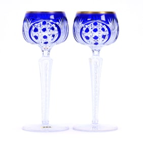 Pair Wine Stems, Brilliant Period Cut Glass, Cobalt Blue Cut To Clear