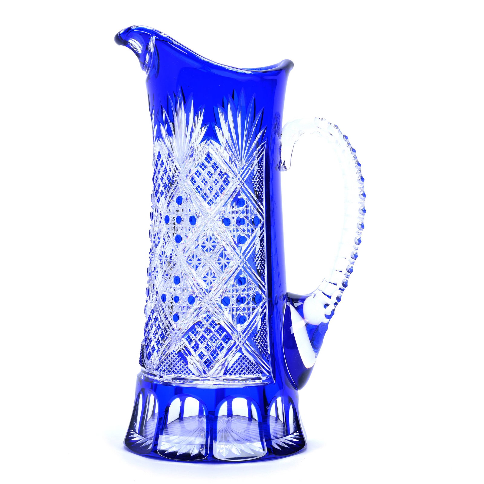 Pitcher, Brilliant Period Cut Glass, Cobalt Blue Cut To Clear: Pitcher, Brilliant Period Cut Glass, Cobalt Blue Cut To Clear, 9.25" x 5.5", Diamond Of Cane, Crosscut, Star And Crosshatch Motif, Fan Highlights, Triple Notched Handle, Ray Cut Base, Possible Val St.