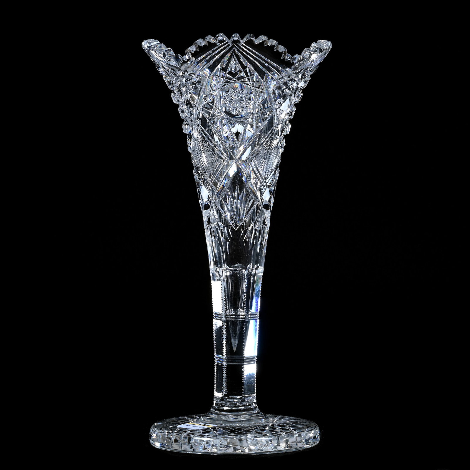 Trumpet Vase, American Brilliant Cut Glass, Hobstar, Kite, Crosshatch, Block & Fan Motif: Trumpet Vase, American Brilliant Cut Glass, Hobstar, Kite, Crosshatch, Block And Fan Motif, 10" x 4.75", Eyebrow Border, Flashed Hobstar Foot, Attributed To J. Hoare, Sherri Schott Collection, Kansas.