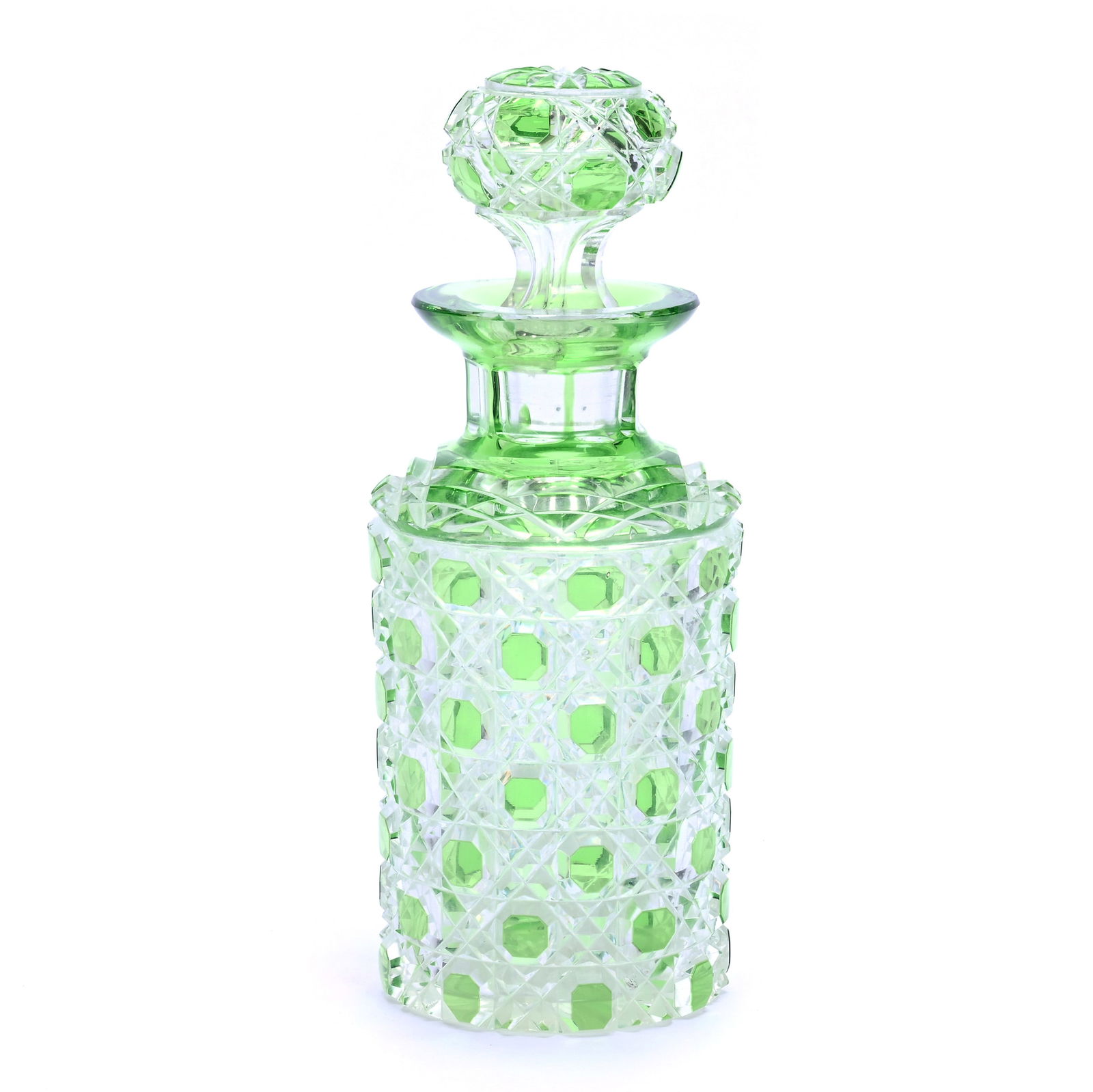 Cologne Bottle, Brilliant Period Cut Glass, Green Cut To Clear, Cane Pattern (1 of 3)