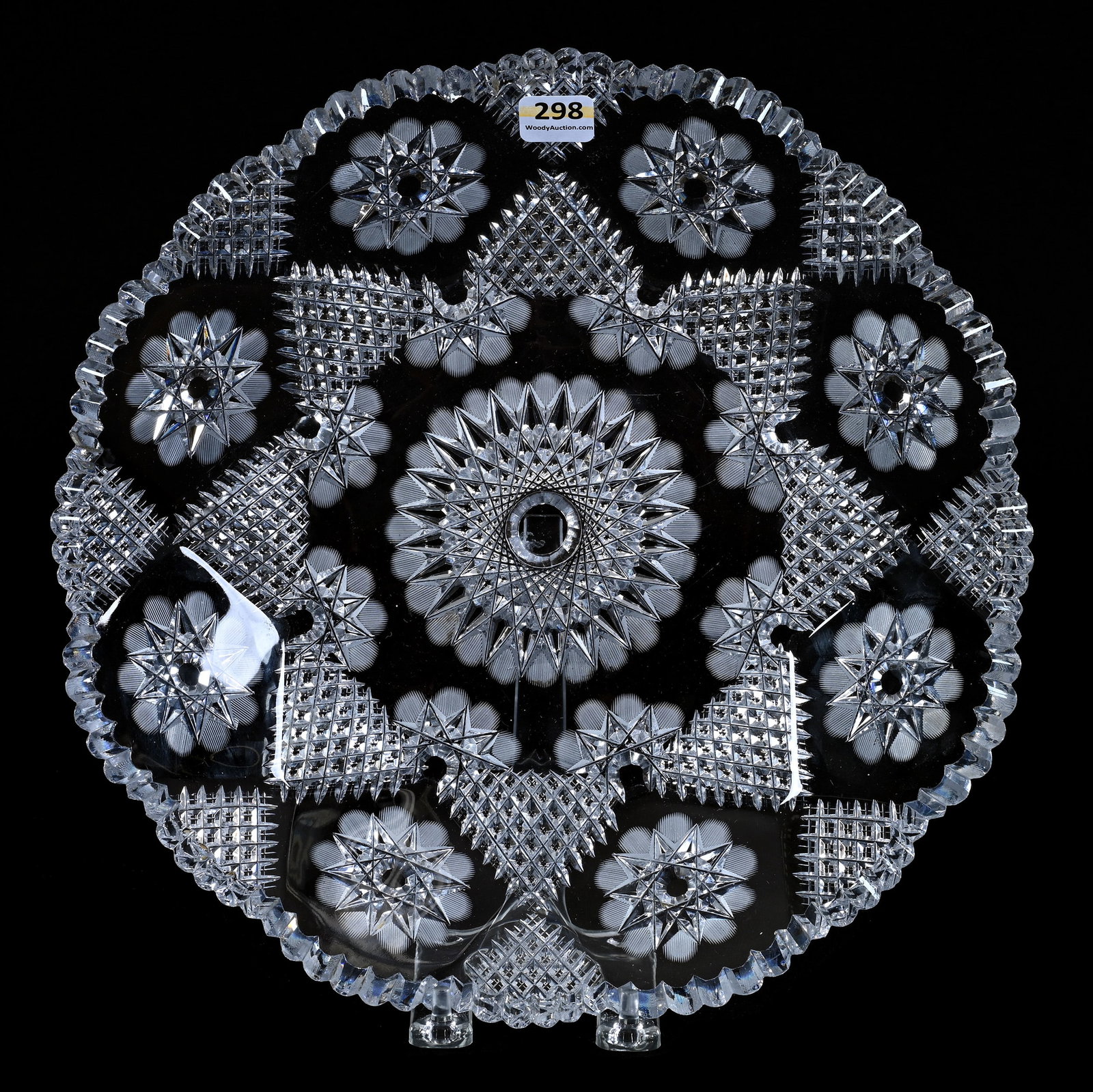 Round Tray, American Brilliant Cut Glass, Flashed Hobstar With Crosscut Diamond Motif: Round Tray, American Brilliant Cut Glass, Flashed Hobstar With Crosscut Diamond Motif, 11.75", Sherri Schott Collection, Kansas.