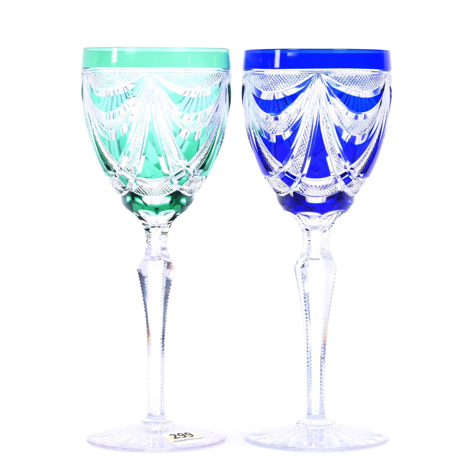 Pair Wine Stems, Brilliant Period Cut Glass, Color Cut To Clear: Pair Wine Stems, Brilliant Period Cut Glass, Color Cut To Clear, 8.75" x 3.25", Epstein Pattern By Val St. Lambert, Circa 1920, (1) Cobalt Blue, (1) Green, Sherri Schott Collection, Kansas.