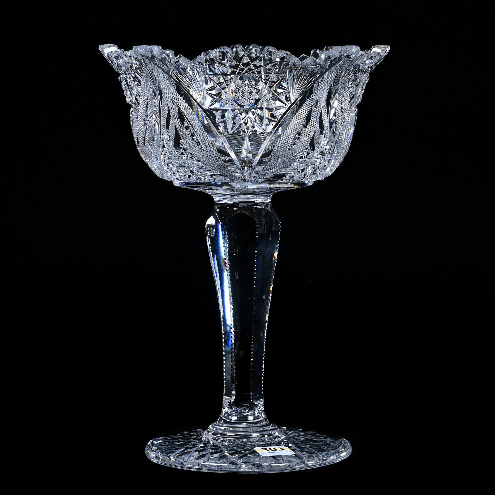 Compote, American Brilliant Cut Glass, Four Alternating Sections Of Hobstar, Vesica, Cane,: Compote, American Brilliant Cut Glass, Four Alternating Sections Of Hobstar, Vesica, Cane, Crosshatch And Fan, 10.25" x 7", Solid Notched Stem, Hobstar Foot, Sherri Schott Collection, Kansas.