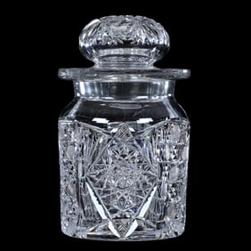 Cigarette Humidor, American Brilliant Cut Glass, Hobstar, Cane And Fan Motif