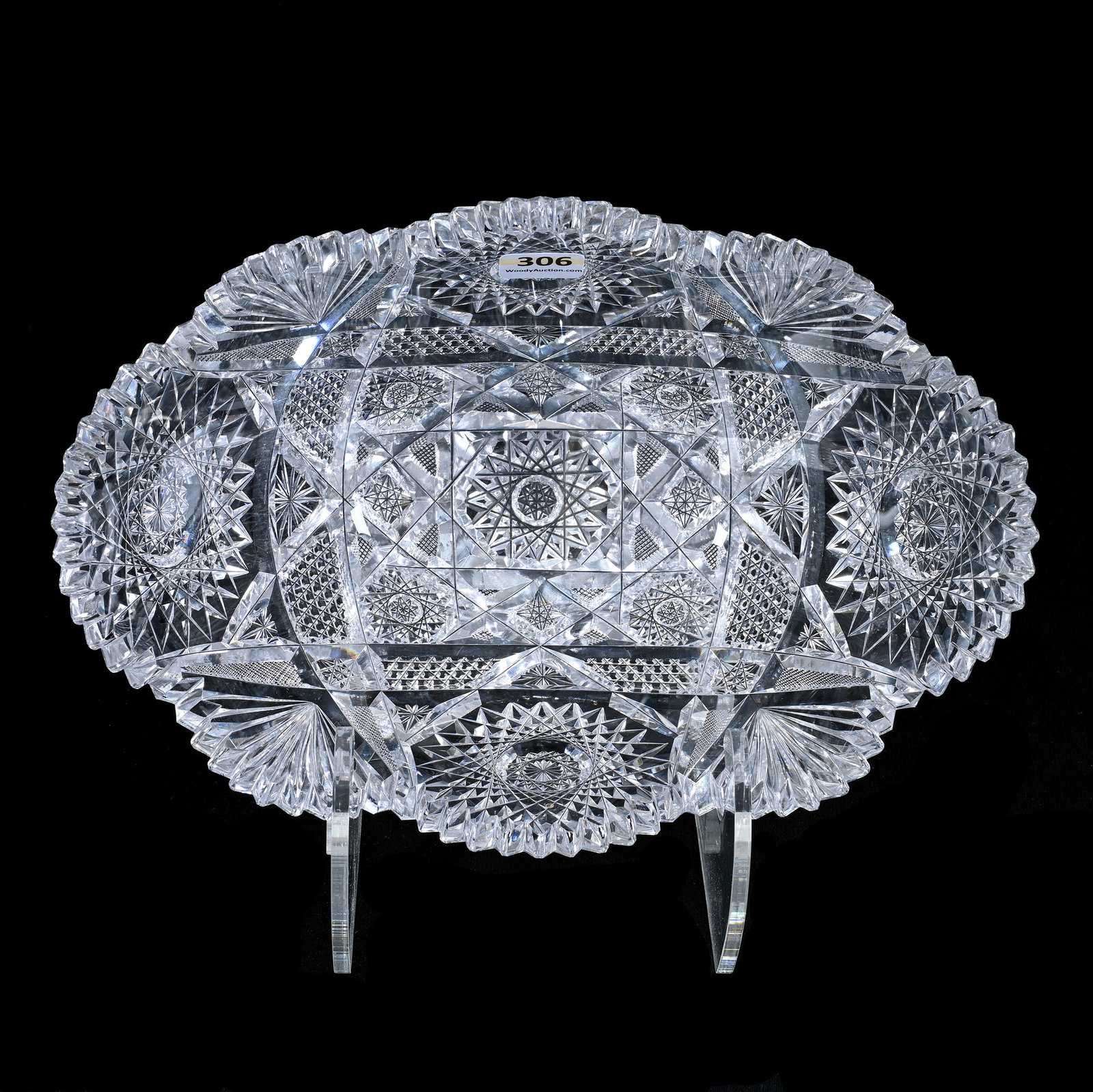 Banana Bowl, American Brilliant Cut Glass, Hobstar, Nailhead Diamond, Vesica, Crosshatch, Star & Fan: Banana Bowl, American Brilliant Cut Glass, Hobstar, Nailhead Diamond, Vesica, Crosshatch, Star And Fan, 4" x 10" x 6.75", Sherri Schott Collection, Kansas.