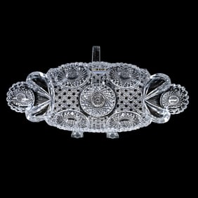 Celery Tray, American Brilliant Cut Glass, Circular Hobstars With Cane, Tusk And Fan Highlights