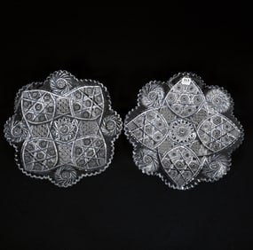 Pair Round Trays, American Brilliant Cut Glass, Four Alternating Sections Of Hobstar Cluster, Cane,