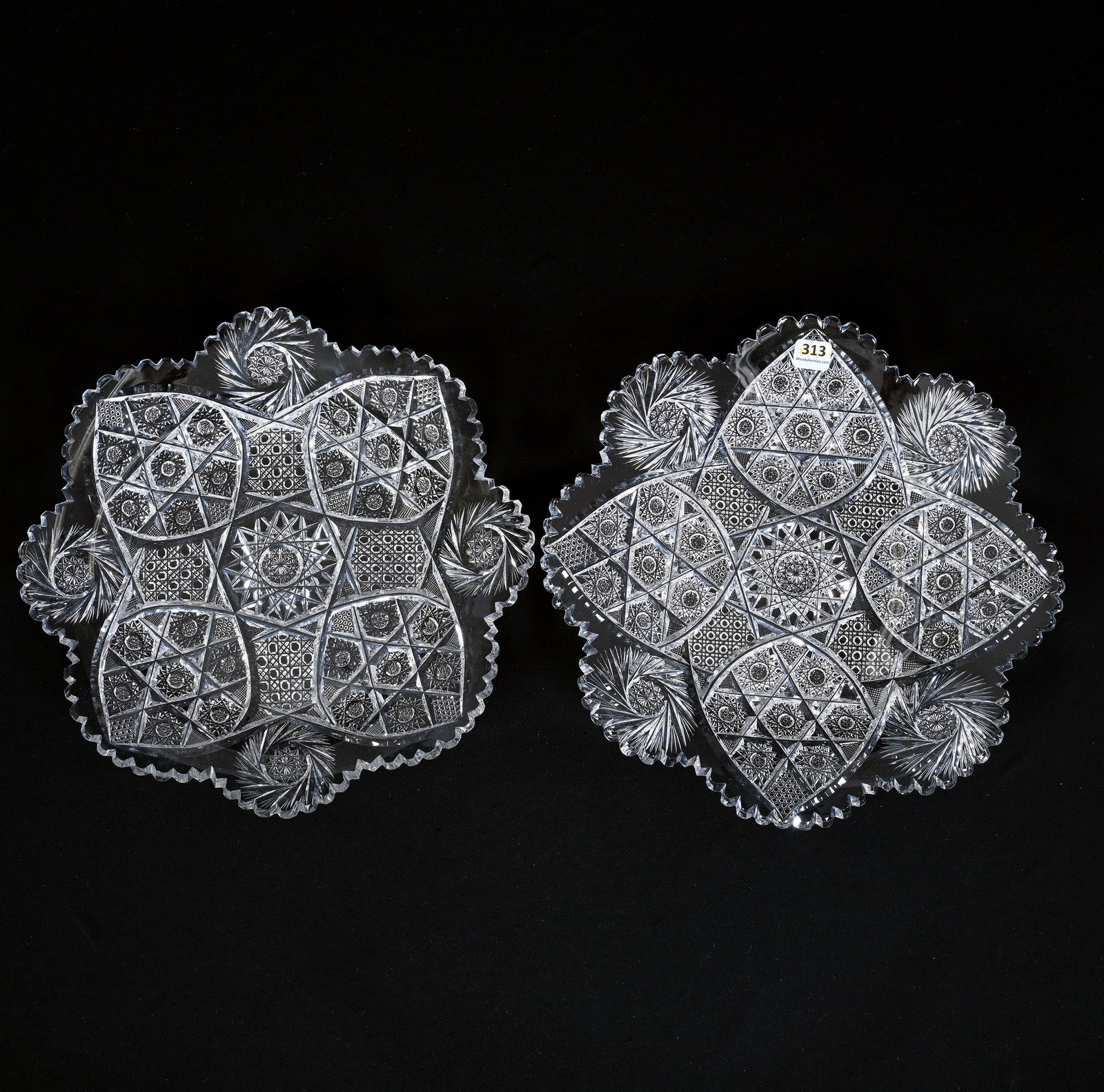 Pair Round Trays, American Brilliant Cut Glass, Four Alternating Sections Of Hobstar Cluster, Cane,: Pair Round Trays, American Brilliant Cut Glass, Four Alternating Sections Of Hobstar Cluster, Cane, Hobstar And Pinwheel, 12.25", Sherri Schott Collection, Kansas.
