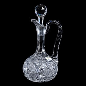 Decanter, Handled, American Brilliant Cut Glass, Hobstar, Quartered Diamond, Star And Fan Motif