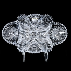 Oval Bread Bowl, American Brilliant Cut Glass, Four Alternating Sections Of Hobstar, Vesica, Cane,