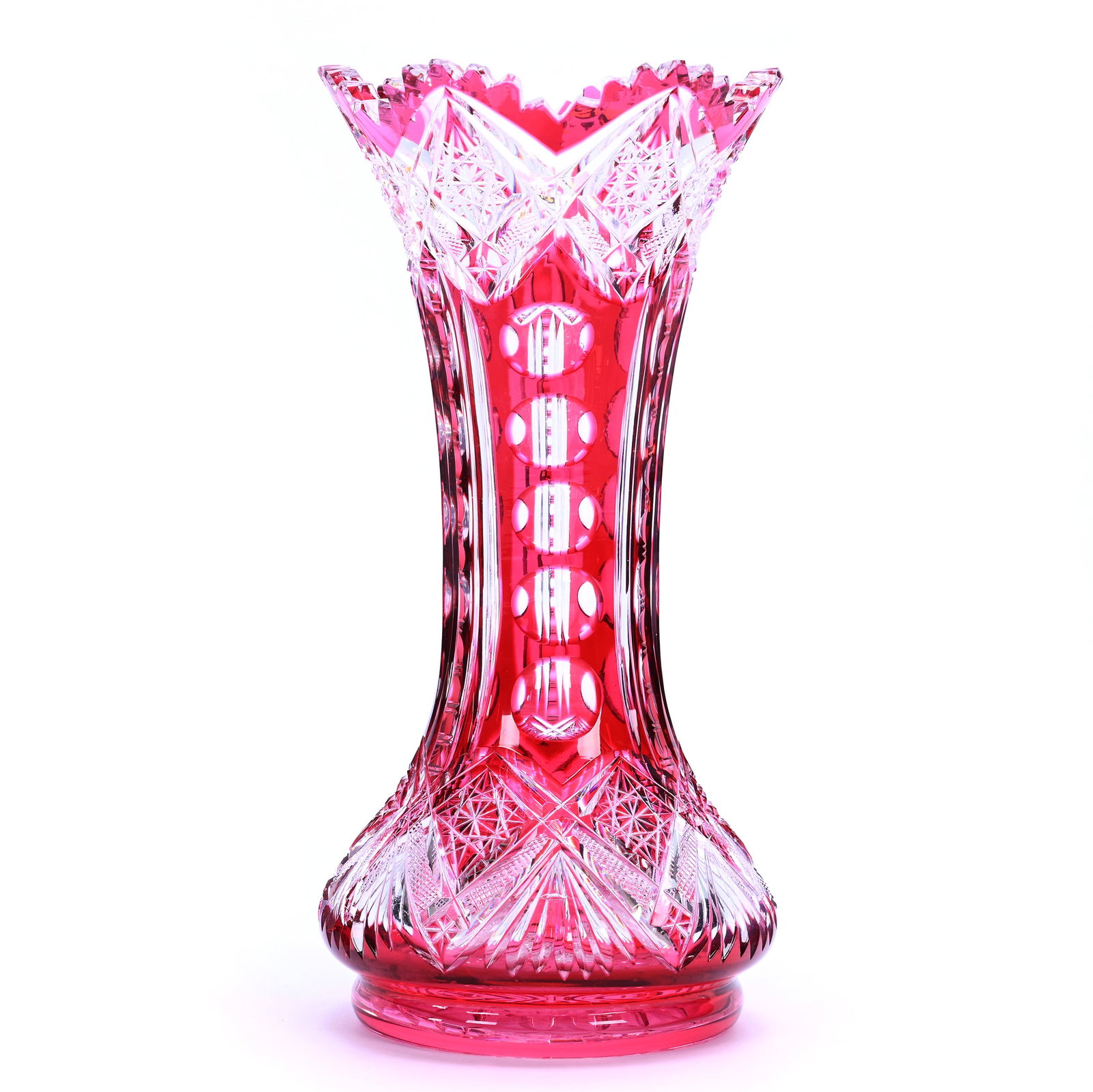 Vase, Brilliant Period Cut Glass, Cranberry Cut To Clear, Pattern #3613/17 By Val St. Lambert: Vase, Brilliant Period Cut Glass, Cranberry Cut To Clear, Pattern #3613/17 By Val St. Lambert, 8" x 4", Circa 1908, Internal Rim Tooth Polish, Georgia Private Collection.