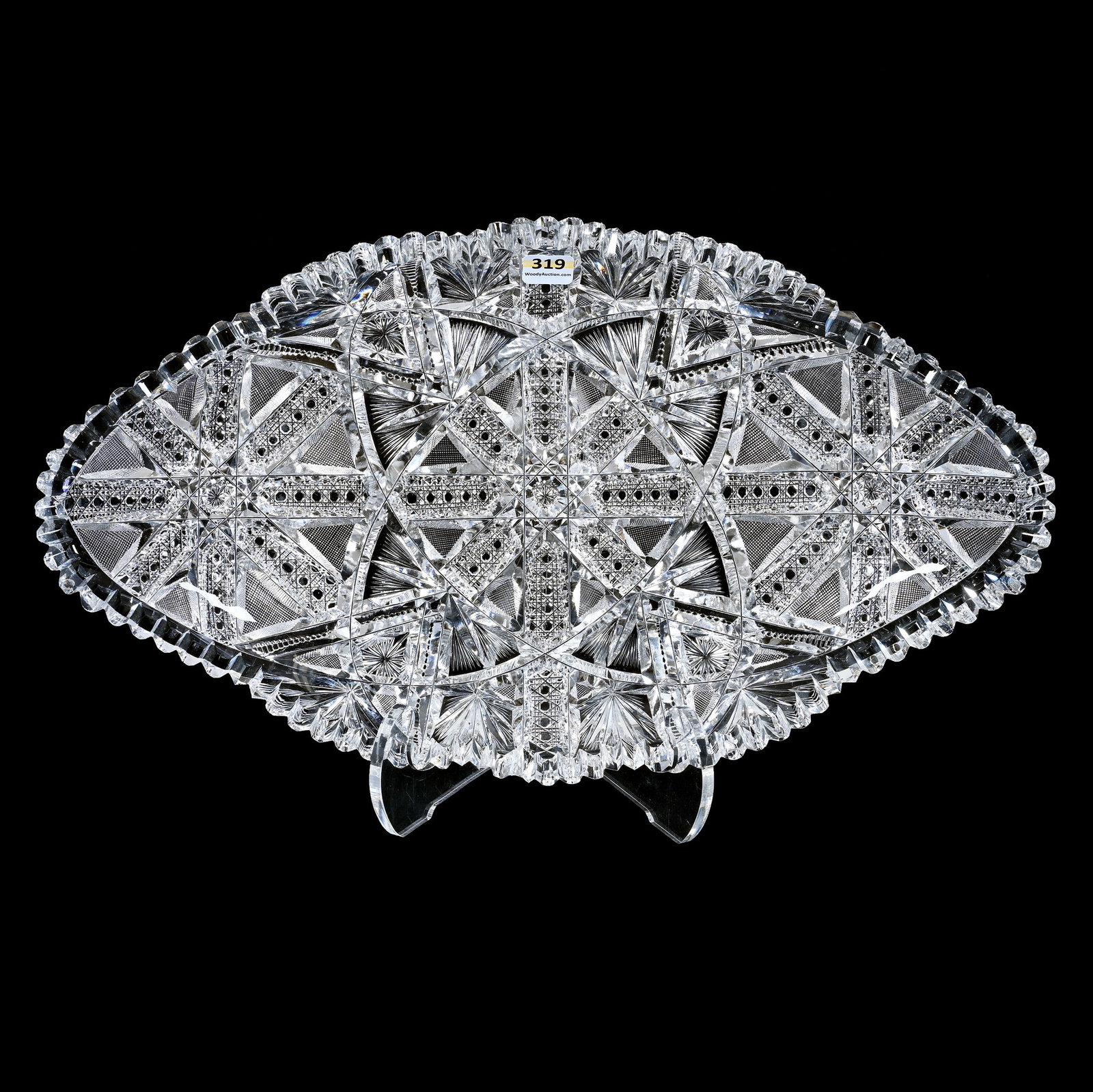 Ice Cream Tray, American Brilliant Cut Glass, Pattern Resembles Rochester By Fry: Ice Cream Tray, American Brilliant Cut Glass, Pattern Resembles Rochester By Fry, 17.5" x 9.75", Exact Similarities To Lot #317, But Has Substituted Pattern Variations, Three Tooth Chips, Georgia Priv