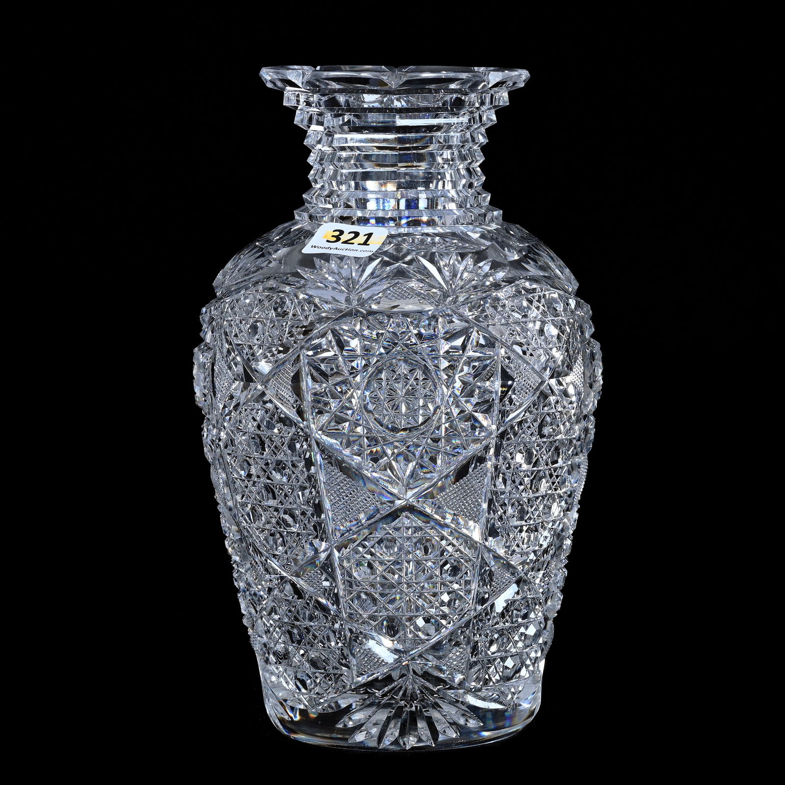 Vase, American Brilliant Cut Glass, Hobstar, Cane, Crosshatch And Fan Motif: Vase, American Brilliant Cut Glass, Hobstar, Cane, Crosshatch And Fan Motif, 8" x 5", Step Cut Neck, Hobstar Base, Some Rim Chips, Georgia Private Collection.