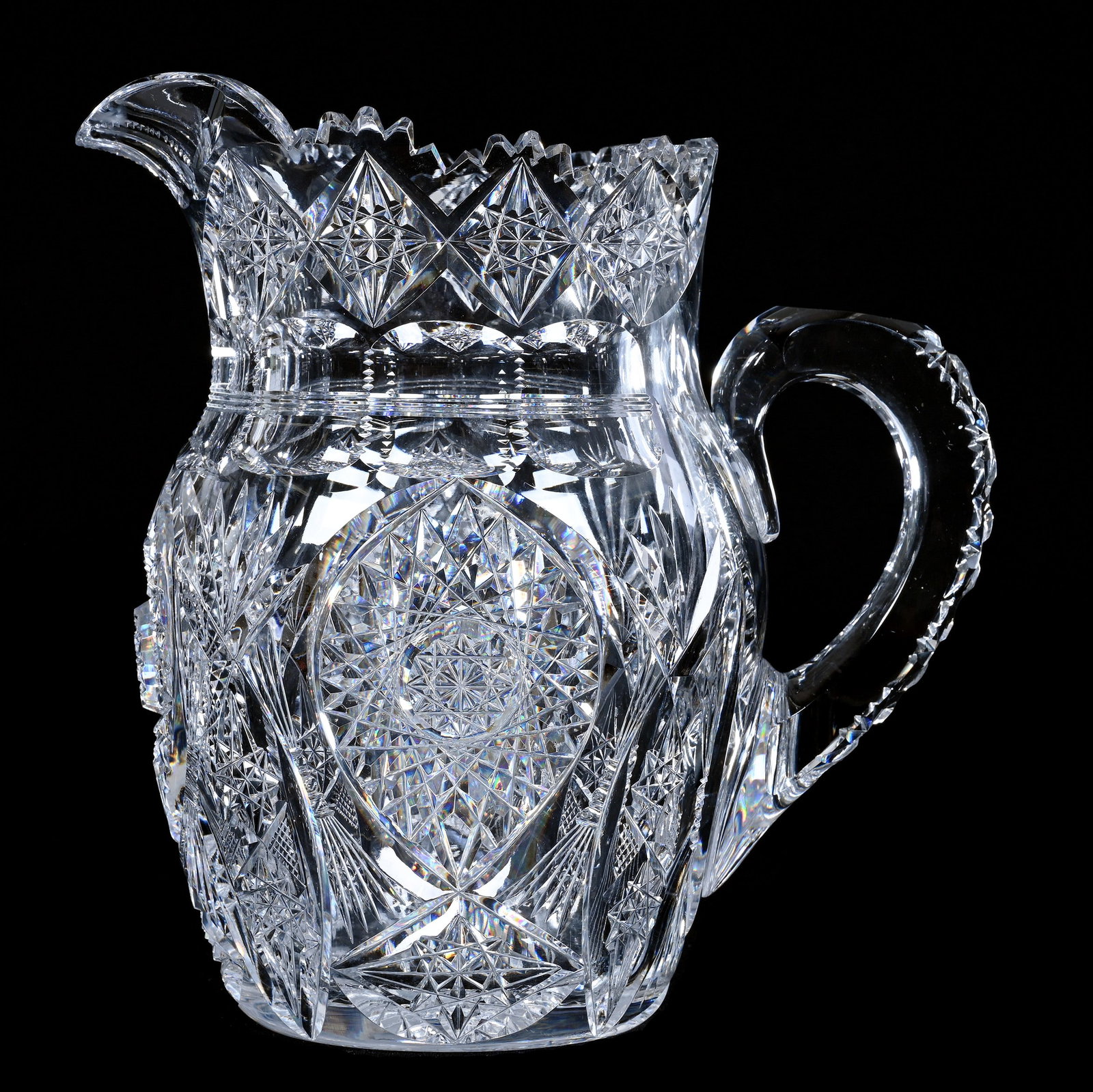 Pitcher, American Brilliant Cut Glass, Well Cut Hobstar, Vesica, Crosshatch And Fan Motif: Pitcher, American Brilliant Cut Glass, Well Cut Hobstar, Vesica, Crosshatch And Fan Motif, 8.5" x 8.5", Hobstar Pattern Rim, Pattern Cut Handle, Hobstar Base, Excellent Example, Georgia Private Collec
