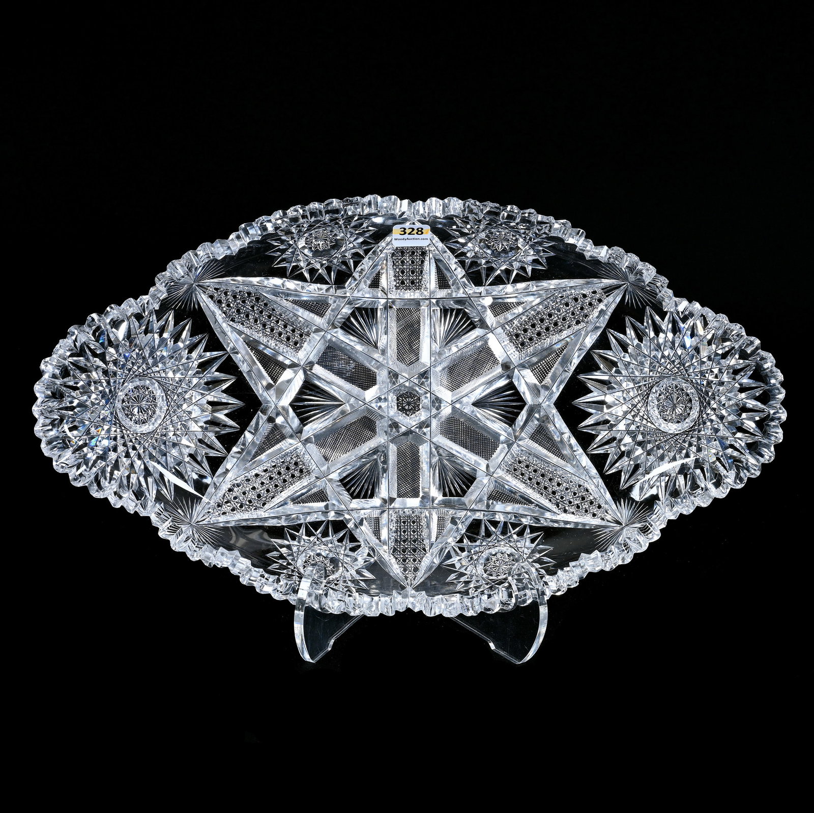 Ice Cream Tray, American Brilliant Cut Glass, Six Crossed Bars With Cane, Crosshatch, Fan And: Ice Cream Tray, American Brilliant Cut Glass, Six Crossed Bars With Cane, Crosshatch, Fan And Hobstar Highlights, 17.5" x 9.75", Two Serious Tooth Chips, Georgia Private Collection.
