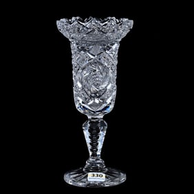 Pedestal Vase, American Brilliant Cut Glass, Pinwheel, Cane, Hobstar, Star And Fan Motif