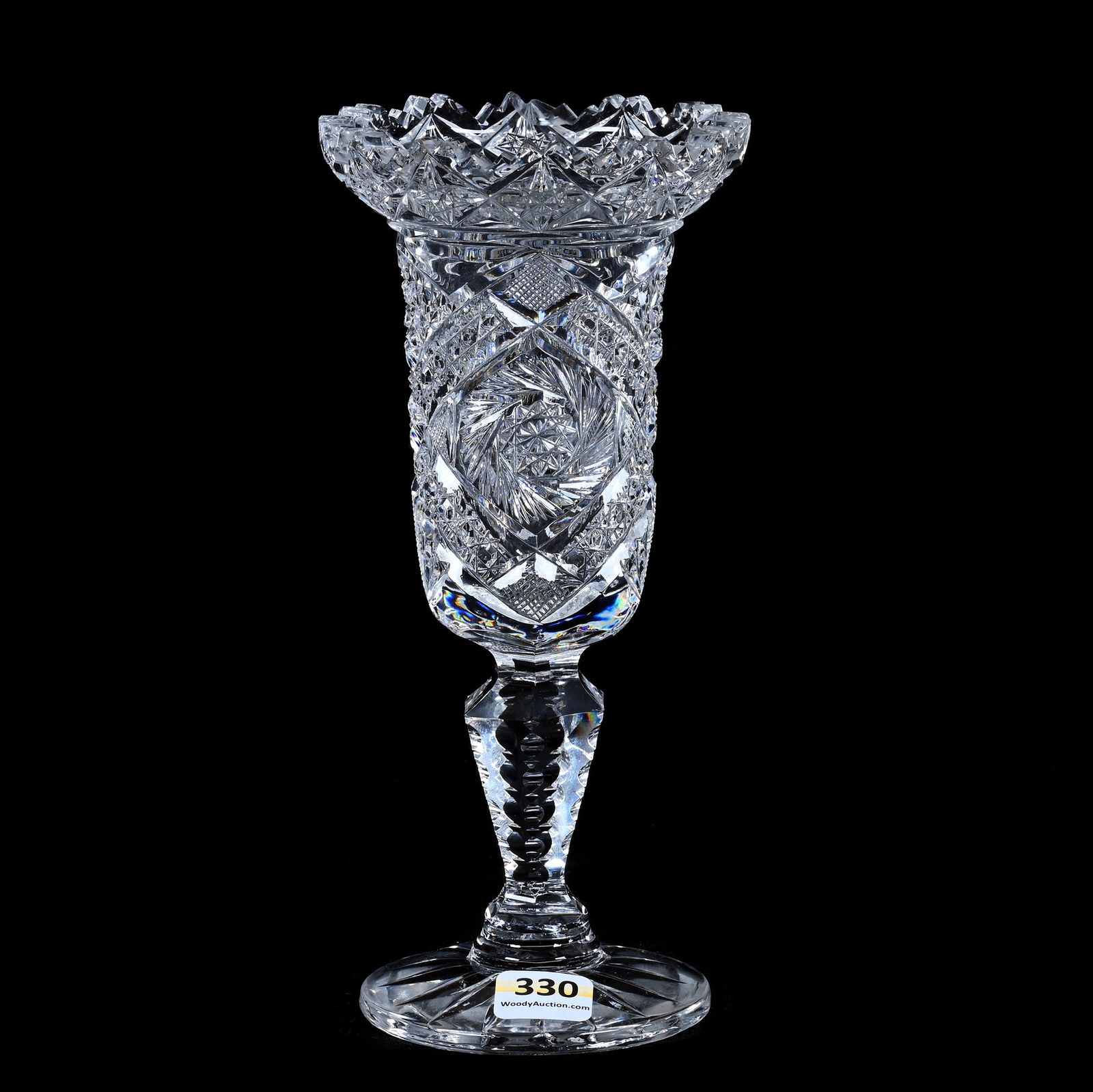 Pedestal Vase, American Brilliant Cut Glass, Pinwheel, Cane, Hobstar, Star And Fan Motif: Pedestal Vase, American Brilliant Cut Glass, Pinwheel, Cane, Hobstar, Star And Fan Motif, 8" x 3.75", Chalice Form, Solid Notched Stem, Ray Cut Foot, Serious Interior Rim Chip, Georgia Private Collect