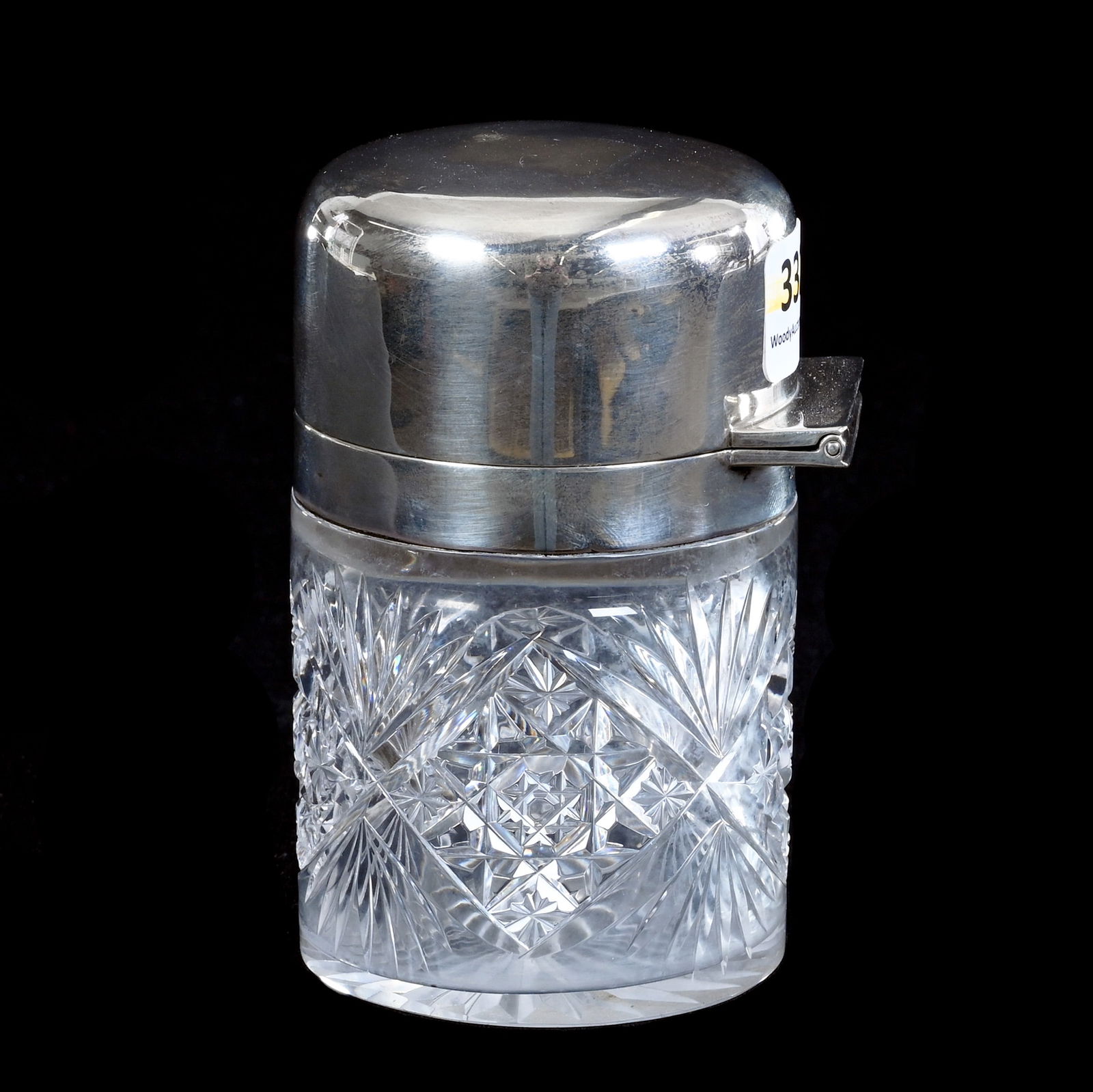 Salts Bottle, American Brilliant Cut Glass, Hobstar And Fan Motif, Sterling Silver Flip Lid: Salts Bottle, American Brilliant Cut Glass, Hobstar And Fan Motif, Sterling Silver Flip Lid, 4" x 2.5", Original Glass Stopper, Small Interior Neck Bruise, Georgia Private Collection.