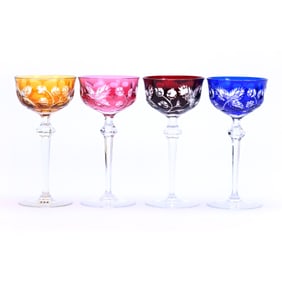 (4) Wine Stems, Brilliant Period Cut Glass, Color Cut To Clear