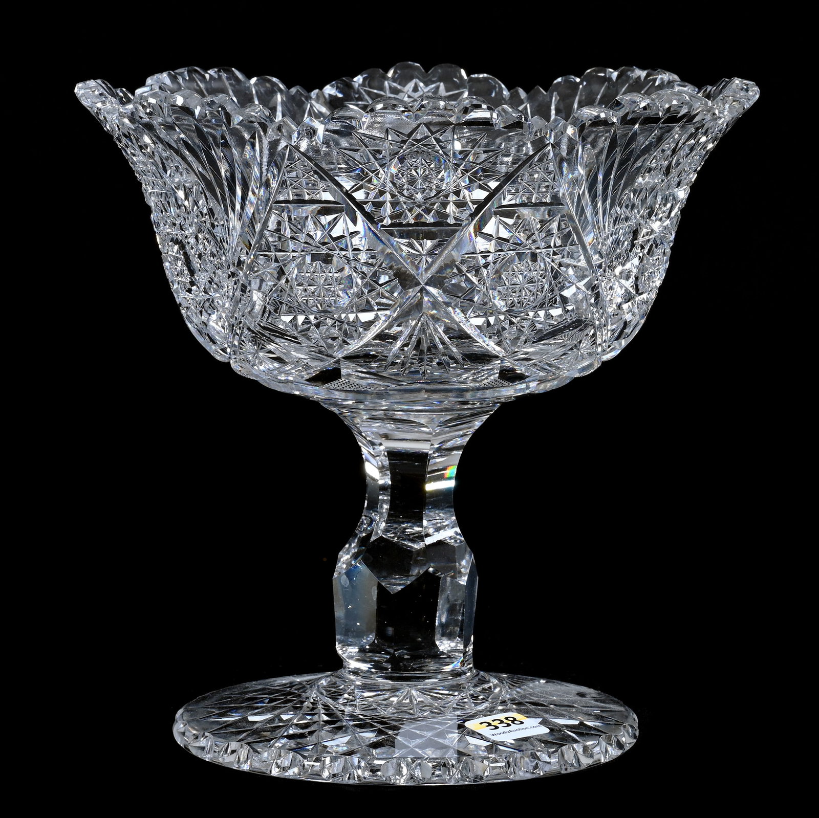 Pedestal Bowl, American Brilliant Cut Glass, Hobstar, Star And Fan Motif: Pedestal Bowl, American Brilliant Cut Glass, Hobstar, Star And Fan Motif, 8" x 8.25", Hobstar Cut Foot, Nice Form, Rim Chips, Georgia Private Collection.