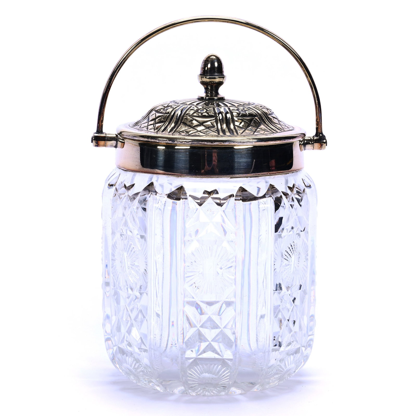 Covered Jar, Brilliant Period Cut Glass, Clear Bullseye And Miter Motif: Covered Jar, Brilliant Period Cut Glass, Clear Bullseye And Miter Motif, 5.25" x 3.75", Silverplate Lid And Bail, Ray Cut Base, Georgia Private Collection.