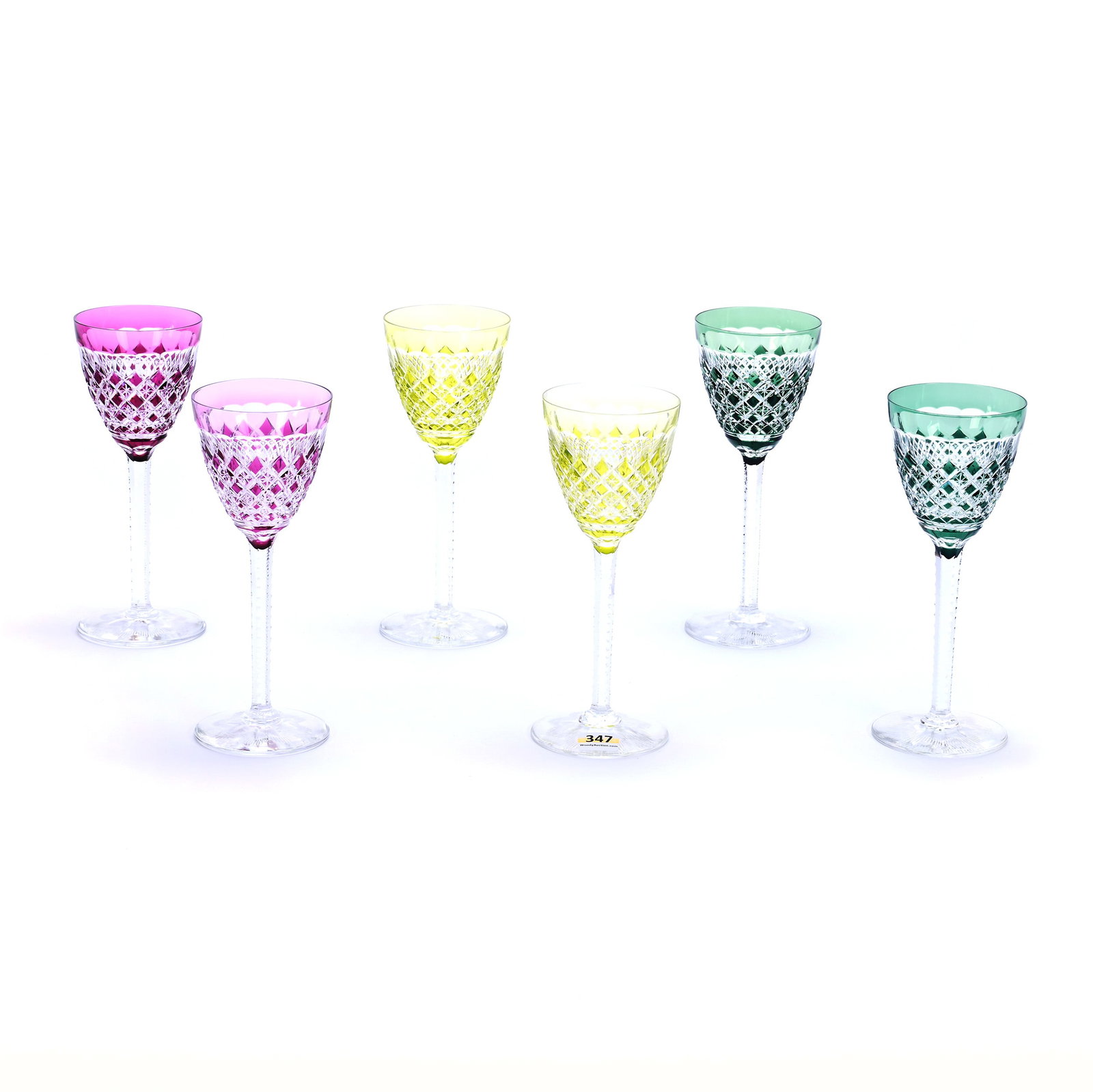 (6) Wine Stems, Brilliant Period Cut Glass, Color Cut To Clear, Waldenberg Pattern By Val St.: (6) Wine Stems, Brilliant Period Cut Glass, Color Cut To Clear, Waldenberg Pattern By Val St. Lambert, 7.5" x 3", Circa 1925, (2) Amethyst, (2) Yellow, (2) Green, Nice Set, Georgia Private Collection.