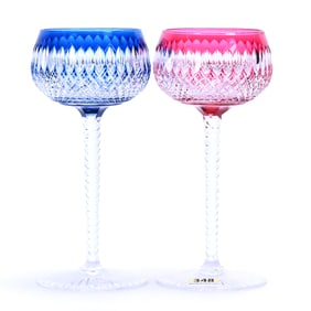 (2) Wine Stems, Brilliant Period Cut Glass, Color Cut To Clear, Boris Pattern By Val St. Lambert