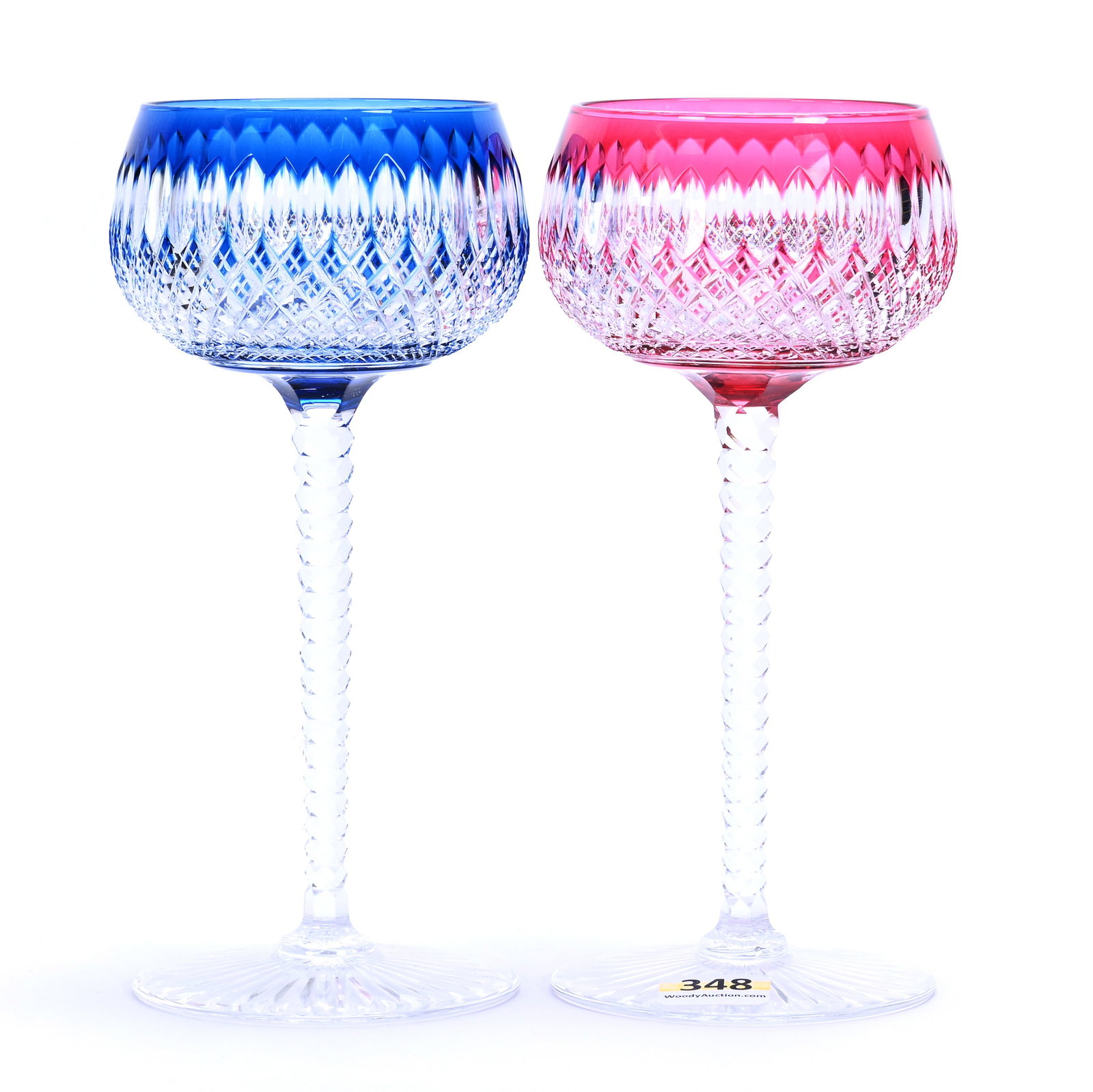 (2) Wine Stems, Brilliant Period Cut Glass, Color Cut To Clear, Boris Pattern By Val St. Lambert: (2) Wine Stems, Brilliant Period Cut Glass, Color Cut To Clear, Boris Pattern By Val St. Lambert, 7" x 3.25", Circa 1925, (1) Cranberry, (1) Blue, Georgia Private Collection.