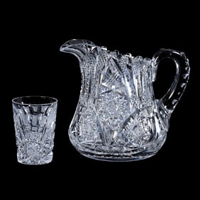 Pitcher & (1) Tumbler, American Brilliant Cut Glass, Signed Libbey Glenda Pattern