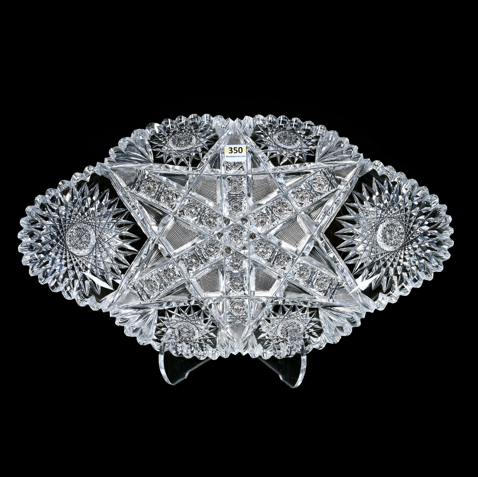 Ice Cream Tray, American Brilliant Cut Glass, Six Alternating Sections Of Crossed Bar, Crosshatch,: Ice Cream Tray, American Brilliant Cut Glass, Six Alternating Sections Of Crossed Bar, Crosshatch, Hobstar And Fan, 17.25" x 10", Tooth Roughness, Georgia Private Collection.